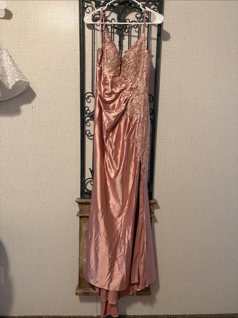 Rose Satin Prom Dress with Lace Bodice and Side Slit